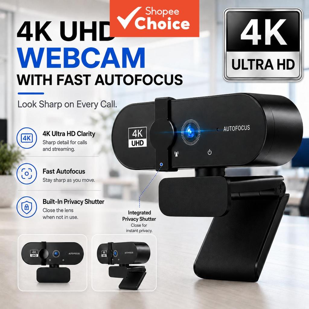เว็บแคม 4K สําหรับพีซีและแล็ปท็อป,กล้องวิดีโอใสพร้อมไมโครโฟน,โฟกัสอัตโนมัติ PDAF,แก้ไขแสงอัตโนมัติ,ฝาครอบความเป็นส่วนตัว,ปลั๊ก USB & Play สําหรับซูมการประชุม,คลาสออนไลน์และสตรีมมิ่งสด