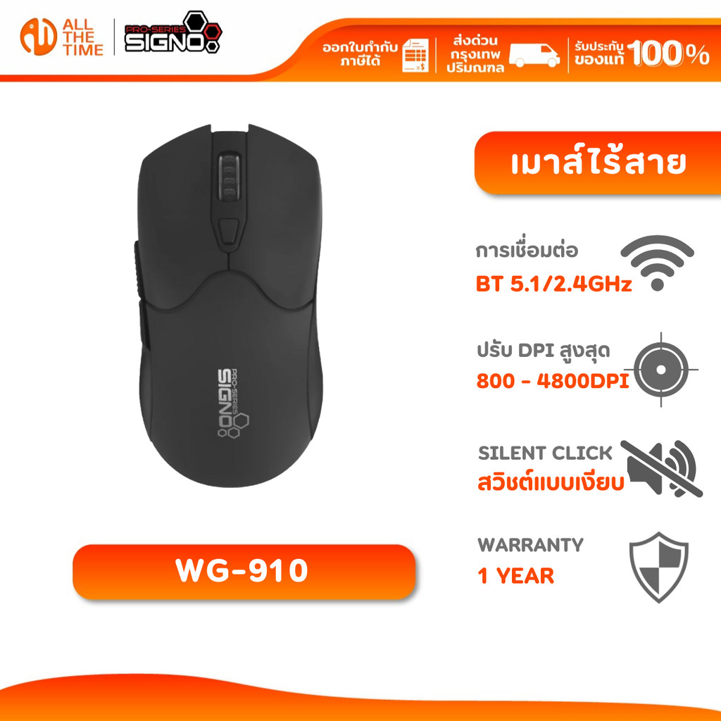SIGNO WG-910 เมาส์เกมมิ่ง RGB Wireless Gaming Mouse MEGGER รับประกัน 1 ปี