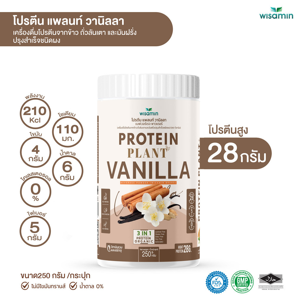 PROTEIN PLANT สูตร 1 โปรตีนแพลนท์ รสวานิลลา (ตราวิษามิน) จำนวน 1 กระปุก ปริมาณ 250 กรัม ออแกรนิค ปลอด GMO ปลอดกลูเตน