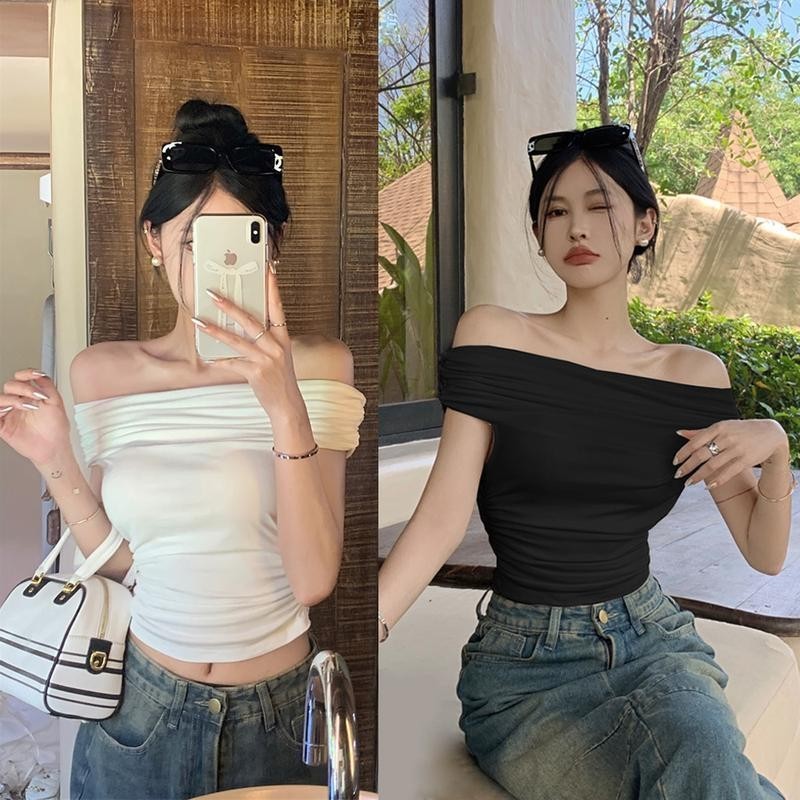 DOMI พร้อมส่งกาง เสื้อปาดไหล่ สีขาวรัดรูปแบบสั้นเสื้อเปิดหลัง เสื้อครอป โชว์ สะดือเซ็กซี่สาวฮอต Lady ผู้หญิง Women