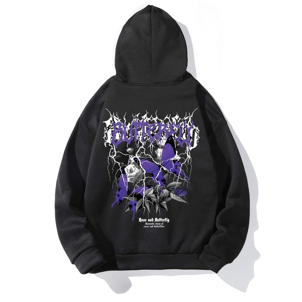 ROMWE MEN Street Life เสื้อสเวตเตอร์มีฮู้ดพิมพ์ลายผีเสื้อและกระเป๋าด้านหน้า โรงเรียน