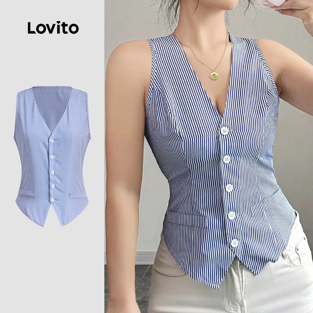 (New) Lovito เสื้อสายเดี่ยวเปิดคอด้านหน้าสไตล์สบายๆ สำหรับฤดูใบไม้ผลิ/ฤดูร้อน สีน้ำเงิน สำหรับผู้หญิ