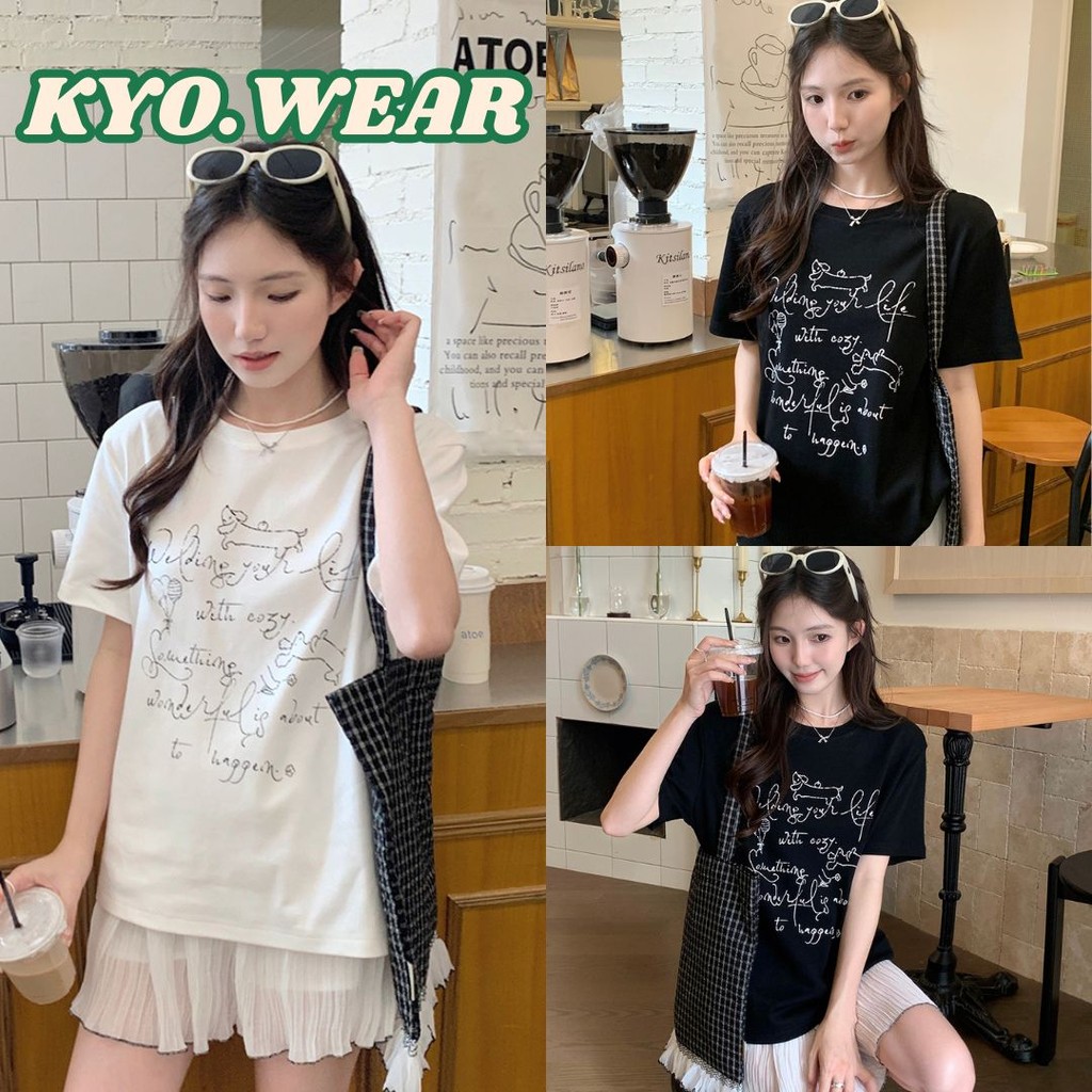 KYO 🐶 เสื้อยืดสตรีไซส์ใหญ่ คอกลม  สไตล์เกาหลี Cotton 100% ผ้านุ่มใส่สบาย ใส่ได้ทุกโอกาส "Handwritten dog" ส่งจากไทย