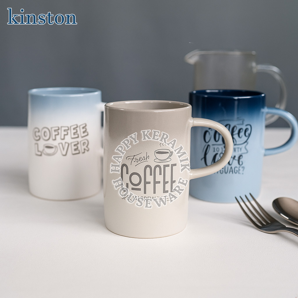 KINSTON แก้วเซรามิค 12 oz Coffee Denim Sleeve – สีขาว, Premium Ceramic, SNI, ไมโครเวฟ & เตาอบที่ปลอด
