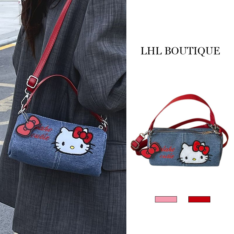 LHL BOUTIQUE กระเป๋าเดนิมถือและสะพายได้ ออกแบบเรียบง่าย อเนกประสงค์ มีลายการ์ตูนคิตตี้ปักบนกระเป๋า