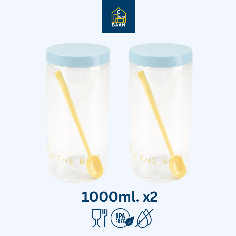 BaanChuun ขวดโหลพลาสติก 2 ชิ้น พร้อมช้อนตัก ความจุ 1,000 ml. ใช้ใส่เครื่องปรุง ผงชา กาแฟ