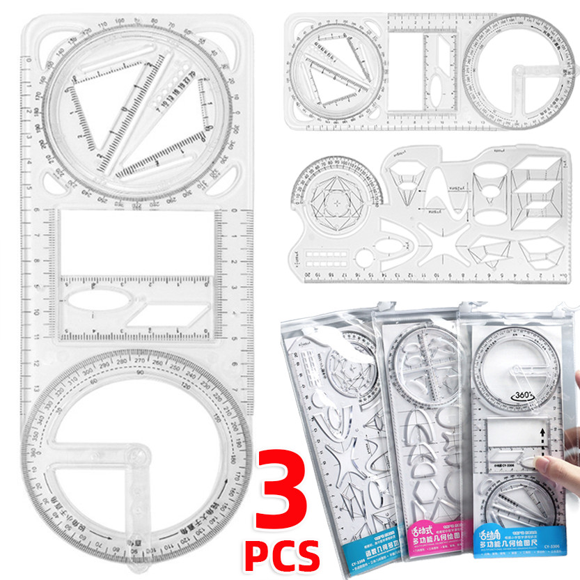 1/3 ชิ้นกิจกรรมไม้บรรทัดวาดมุม / มัลติฟังก์ชั่น 360 ° ไม้บรรทัดเรขาคณิตเคลื่อนย้ายได้ / เครื่องมือวัดพลาสติก
