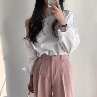 Red Berryเสื้อเชิ้ตแขนยาวเปิดไหล่สไตล์เกาหลีสำหรับผู้หญิงฤดูใบไม้ผลิและฤดูใบไม้ร่วงW645