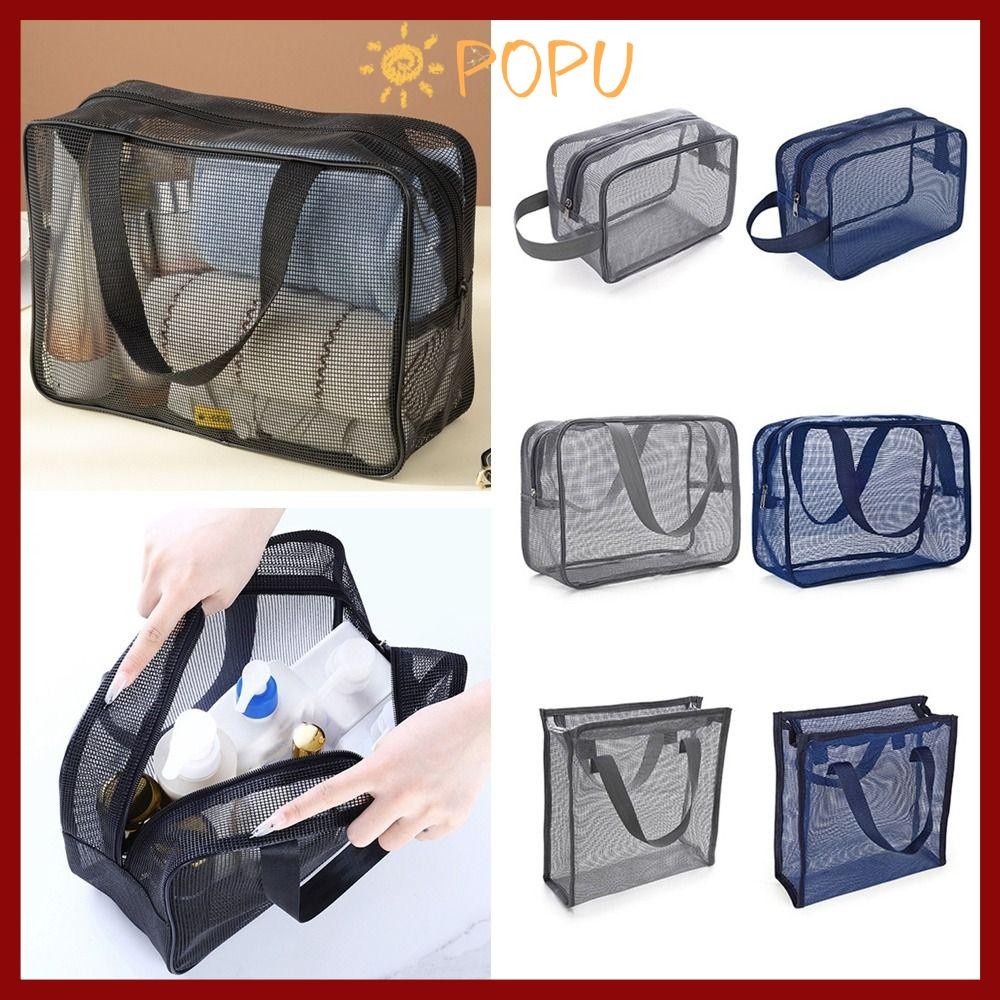 กระเป๋าอาบน้ําตาข่าย POPU, Beach Mesh Handhold Storage Bag, ทนทานแห้งเร็วพับได้สีเทาสีฟ้ากระเป๋าถือแต่งหน้าห้องน้ํา Shower Organizer