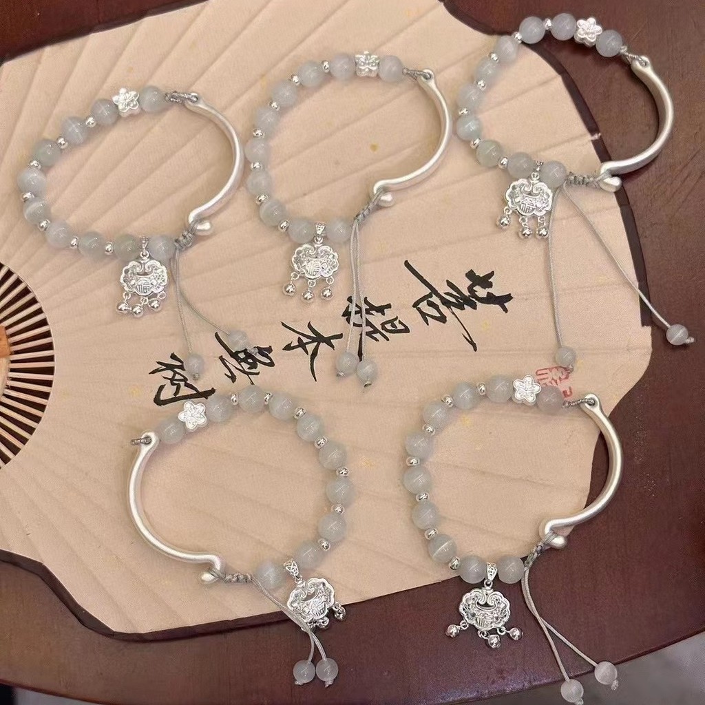 纯银999半镯平安锁手链弯管配件编织猫眼石手链福牌手镯diy爆