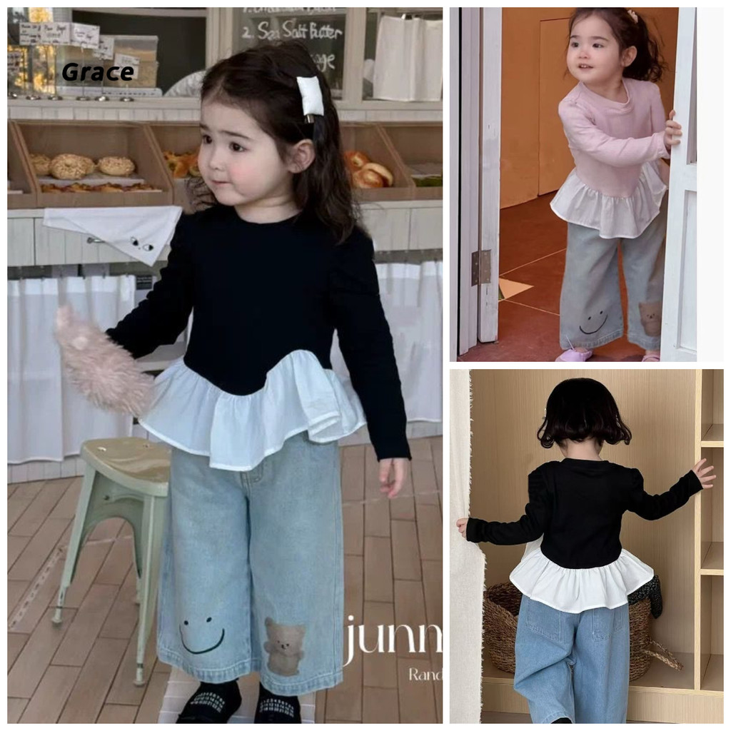 [Grace] เสื้อยืดแขนยาวเด็กผู้หญิง แพตช์เวิร์ค สไตล์เกาหลี รุ่น GR3416 (พร้อมส่ง)