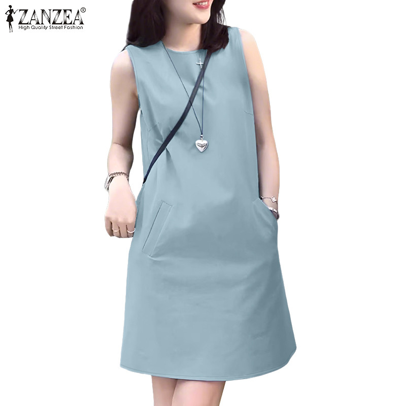 ZANZEA กระโปรง sundress สไตล์เกาหลีสำหรับวันสบาย แบบไม่มีแขนและคอปิด เพื่อความสะดวกในการสวมใส่
