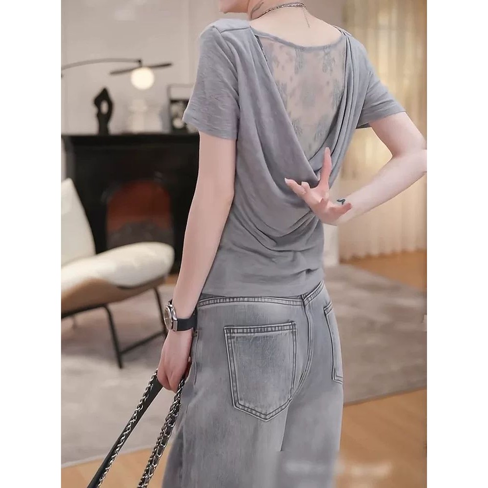 สาวอ้วนลูกไม้เย็บHalter Topแฟชั่นBottomingเสื้อ2025 ฤดูร้อนการออกแบบรู้สึกไขมันมม.แขนสั้นเสื้อยืดSwing Collarผู้หญิงPulssize M-5XL