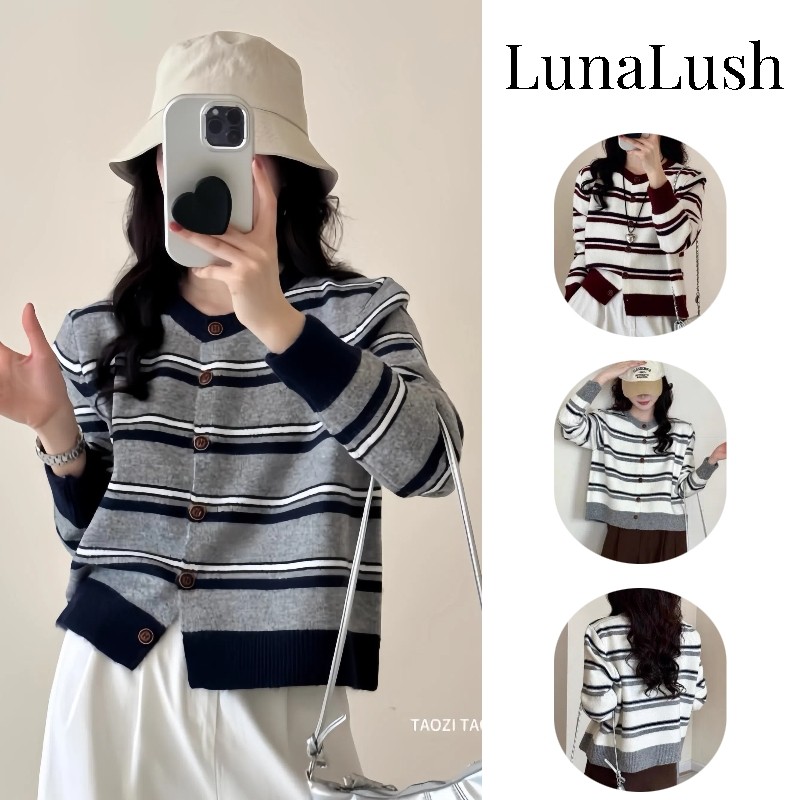 LunaLush✨พร้อมส่ง เสื้อแขนยาว เสื้อแขนยาว คาร์ดิแกนไหมพรม คอกลม “W-K086”