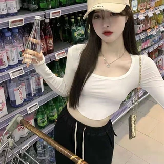 Hotgirl พร้อมส่งจากกทม Y2K เสื้อครอปแขนยาวผู้หญิง เสื้อครอปรัดรูปแฟชั่นเกาหลีสุดเซ็กซี่ แฟชั่นย้อนยุคที่เรียบง่าย
