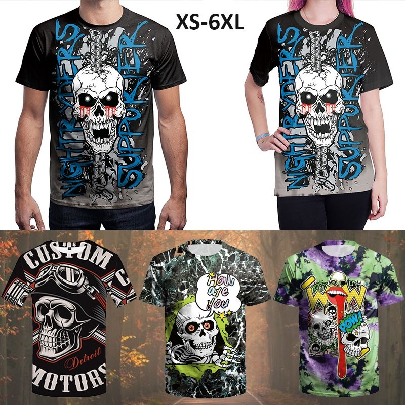 แฟชั่นฤดูร้อนเสื้อยืด 3D Skull Graphic TES Y2K VINTAGE GOTHIC แขนสั้น Unisex O-Hip Hop Streetwear