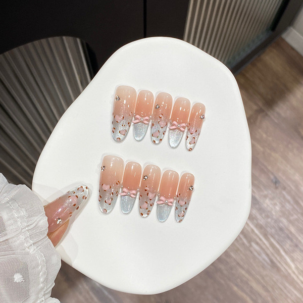 เล็บปลอม pvc เล็บปลอม เล็บปลอมสำเร็จรูปยาว Omyeon Handmade Wear Nails เกลือทะเลสด Blue Cats Eye Grad