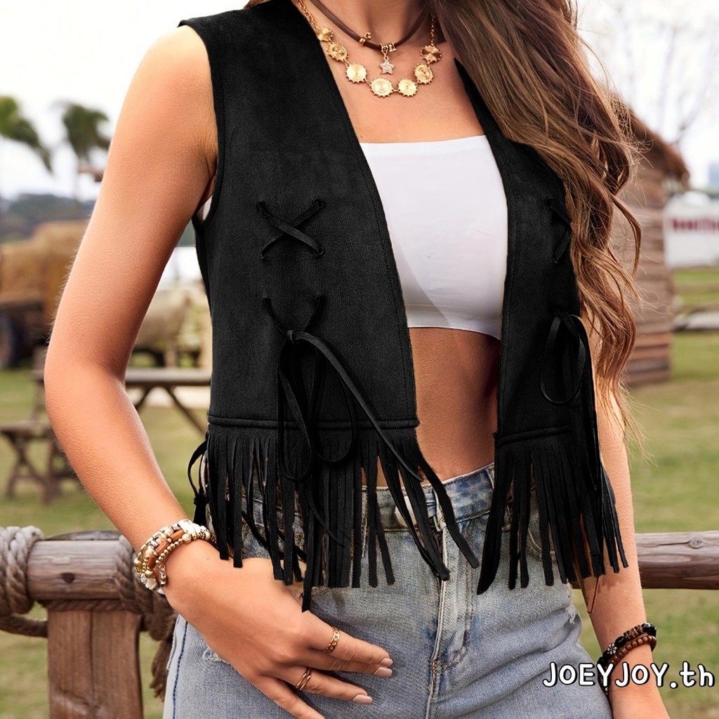 เสื้อกั๊กผู้หญิงแขนกุด เปิดด้านหน้า มีพู่แข็งทนทาน สวมใส่ง่าย - รูปที่ 4