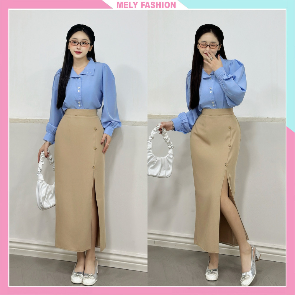 Mely Fashion midi กระโปรงดินสอเอวสูงผ่าหน้ายาวในสลิปญี่ปุ่น คอนซีลเลอร์แบน ไซส์ใหญ่ CV108