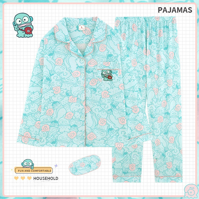 ชุดนอนแขนยาวผู้หญิงลายการ์ตูน Sanrio Hangyodon ทำจากผ้าฝ้ายแท้ สีเขียว เหมาะสำหรับฤดูใบไม้ผลิและฤดูใบไม้ร่วง