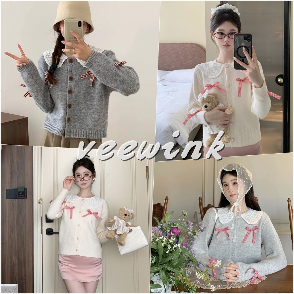 Veewink เสื้อการ์ดิแกนสไตล์เกาหลี ลายลูกไม้ ลายโบว์ ทรงสั้น เนื้อผ้านุ่ม ใส่สบาย