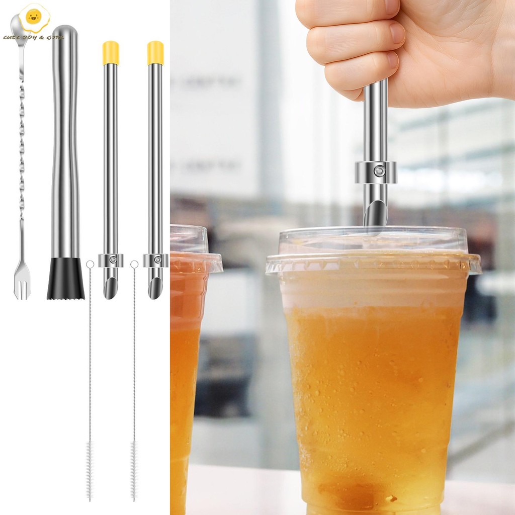 6 ชิ้นที่มีประสิทธิภาพ Lemonade Stand Kit Professional Straw Puncher และ Muddler ชุดพร้อมที่จับ Ergo