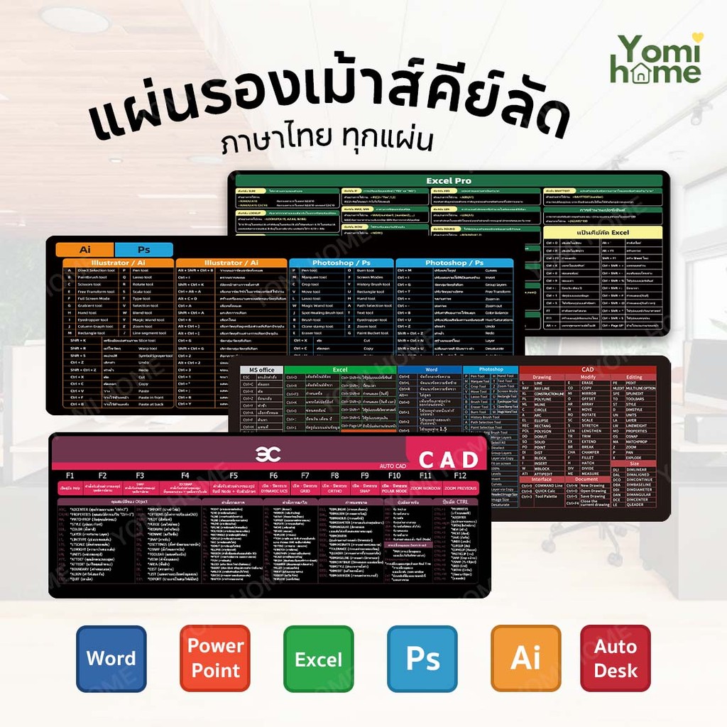 Yomihome แผ่นรองเมาส์คีย์ลัดภาษาไทย ขนาดใหญ่ ของขวัญ แผ่นรองคีย์บอร์ด อุปกรณ์สำนักงาน Mouse Pad Shortcut Keys
