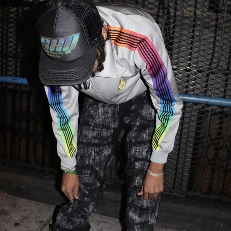 NEEDLES AWGE Joint ASAP ROCKY Rainbow Webbing เสื้อแจ็คเก็ตลําลองกางเกงกีฬาสูทผู้ชาย