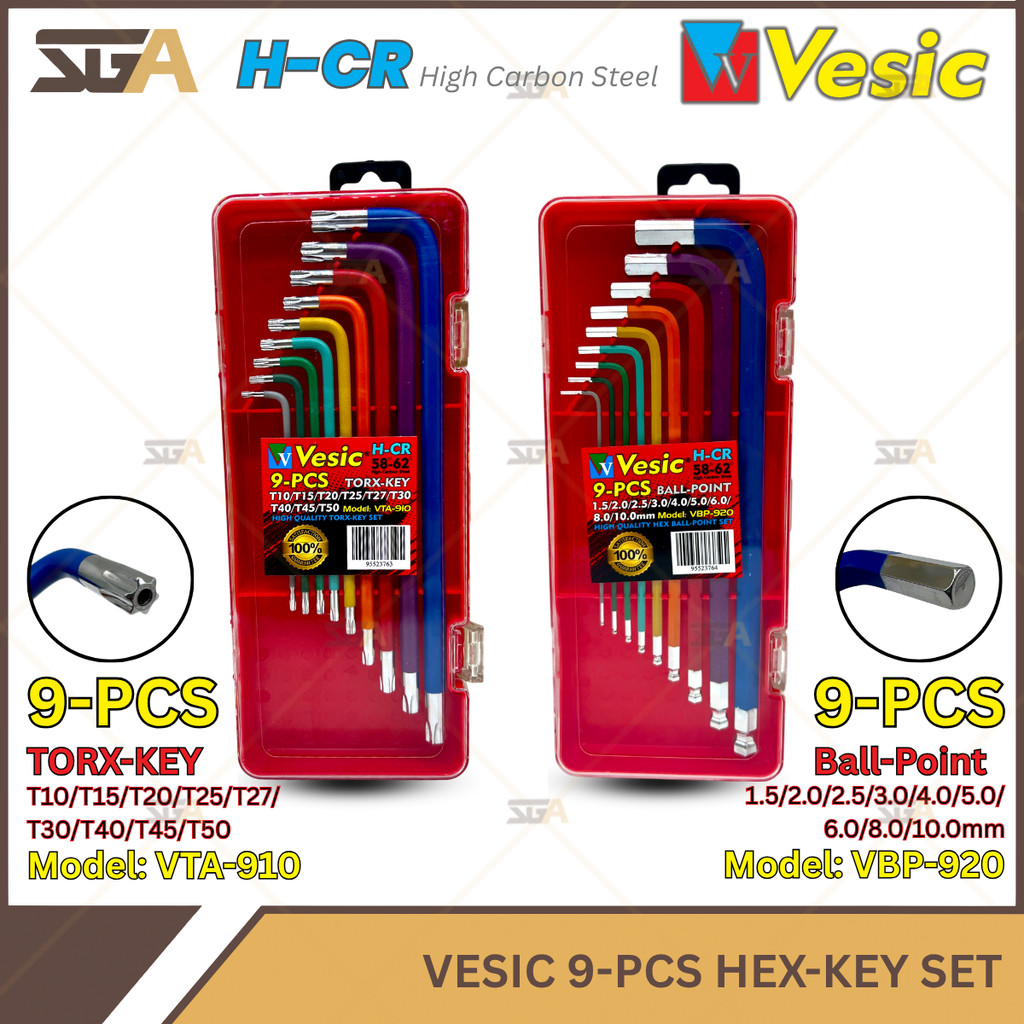 VESIC 9 ชิ้น Allen Key Hex ชุดกุญแจแบบมีสาย Torx Key VTA-910 Ball-Point Allen Key VBP-920