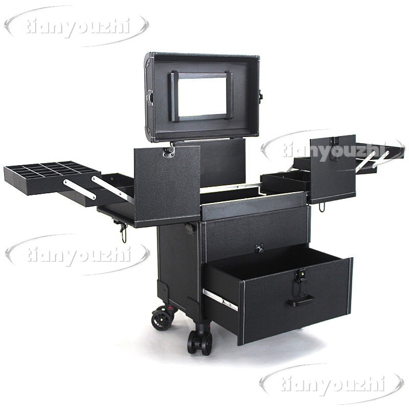 กล่องใส่รถเข็นแต่งหน้าแบบพกพาสีดํา – ที่เก็บเครื่องสําอางแบบกลิ้ง 2/3/4 ชั้นสําหรับช่างแต่งหน้าและช่างเล็บ