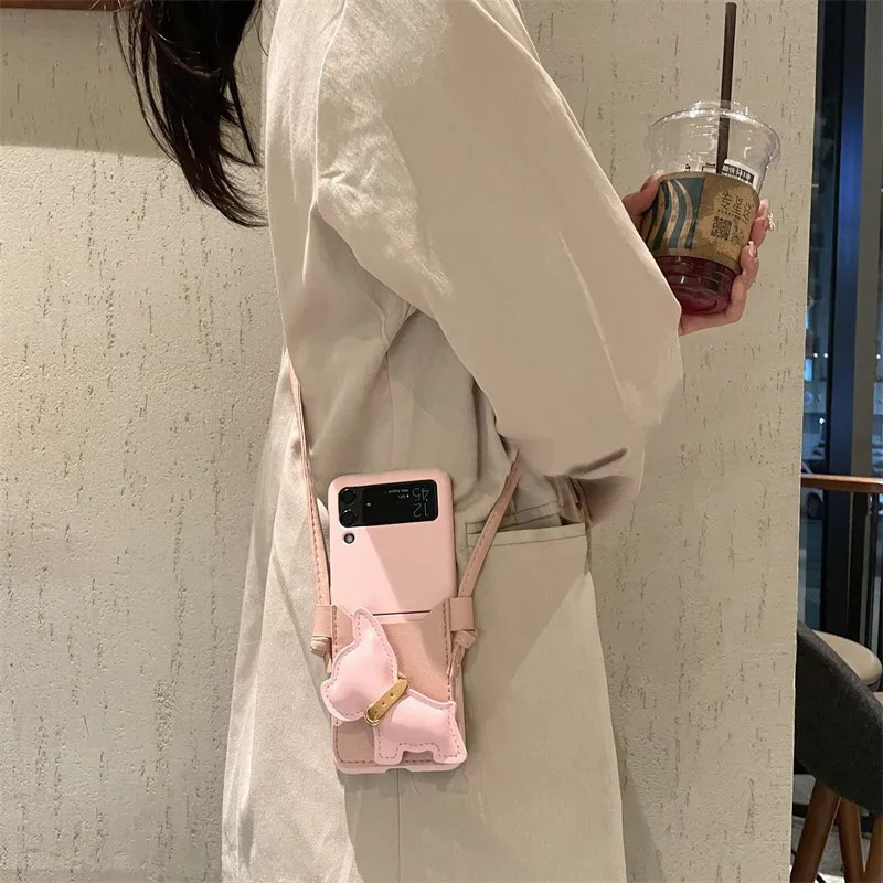 SAMSUNG แฟชั่นCrossbodyสร้อยคอสายยาว 3Dการ์ตูนสุนัขช่องใส่การ์ดสีชมพูสําหรับSamsung Galaxy Z Flip 7 