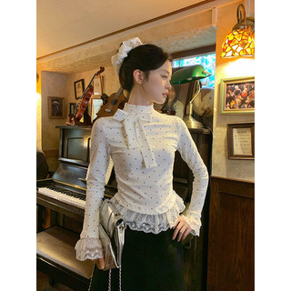 [ COD~~]JelitaCeria Kemeja bottoming semi-turtleneck polkadot putih untuk pakaian musim gugur dan musim dingin wanita, renda slim-fitting, atasan lengan panjang tipis dan serbaguna