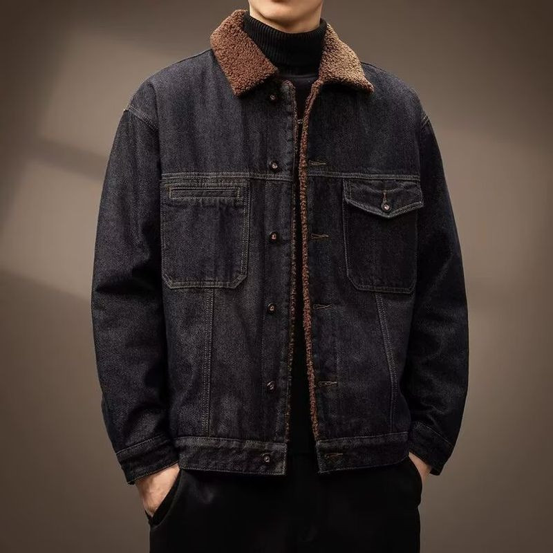 EERSHENSHI อเมริกัน Vintage ขนแกะ-Lined หนา Denim เสื้อแจ็คเก็ตผู้ชายแฟชั่นแบรนด์หลวม Lambswool Warm-เก็บผ้าฝ้ายเสื้อผ้า