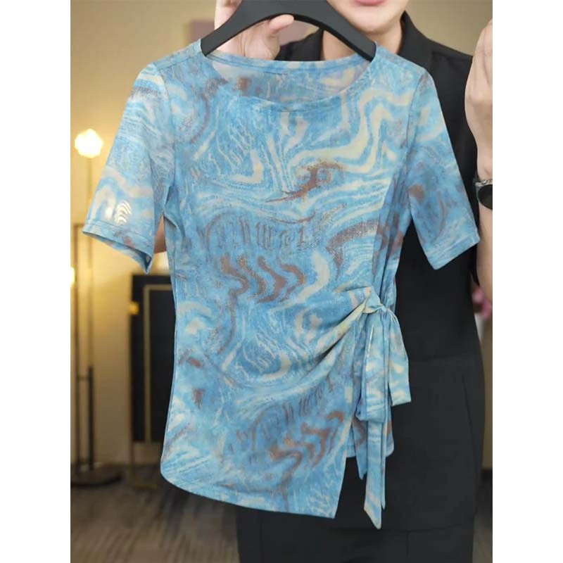 เสื้อยืดแขนสั้นผู้หญิงแบบ Tie-Dye ปี 2025 ดีไซน์ลูกฟูกที่คอและรอบคอกันเปิด