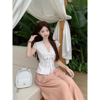 Veewink เสื้อเชิ้ตสไตล์ฝรั่งเศส ลายลูกไม้เย็บปักถักร้อย โบว์คอ เนื้อผ้าโปร่งแสง สีขาว ใส่น่ารักสดใส