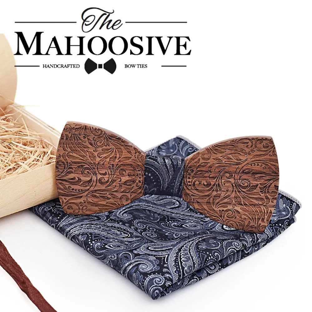 ไม้ Mens bow Tie ไม้คอ Tie ชุดสําหรับชายชุด Tie ผ้าเช็ดหน้า Cufflinks Gravatas Ties สําหรับชายงานแต่
