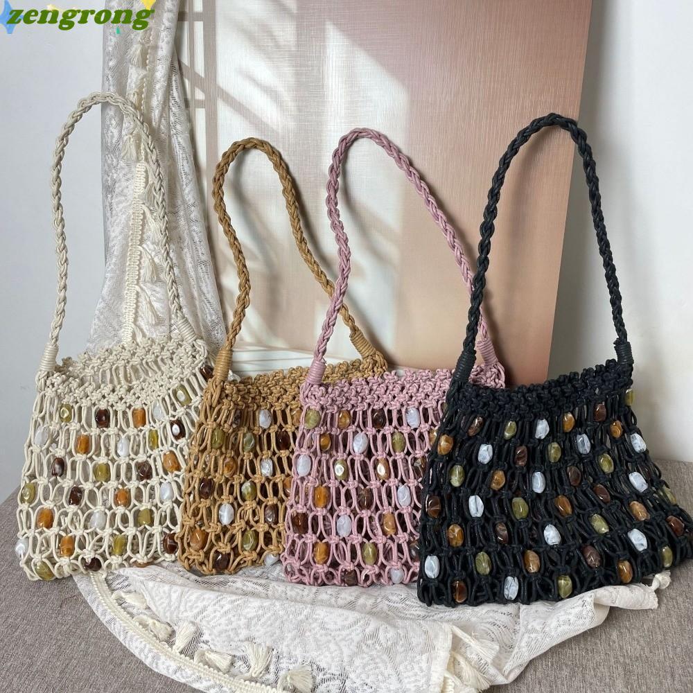 ZENGRONG กระเป๋าสะพายลูกปัดทอ, ฤดูร้อน Hollow Beaded ทอกระเป๋า, ความจุขนาดใหญ่ Bohemian สีสันโครเชต์ถุงตาข่ายผู้หญิงใช้ทุกวัน