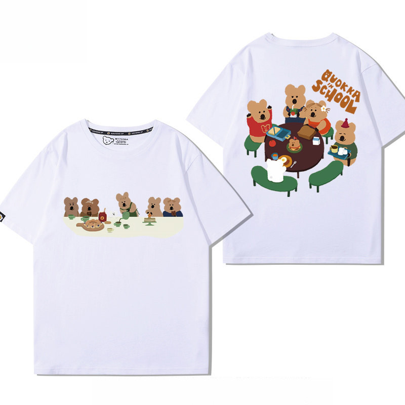 เสื้อยืดแขนสั้นสีขาวจิงโจ้หางสั้นพิมพ์ลายการ์ตูนญี่ปุ่นเสื้อยืดหลวมน่ารัก