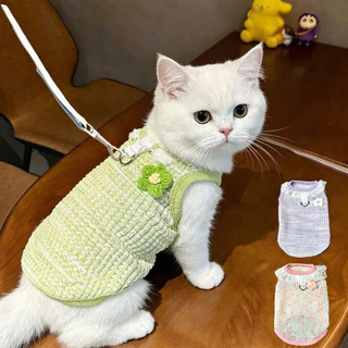 เสื้อกั๊กสัตว์เลี้ยงไหมพรมสำหรับแมวและสุนัข มีห่วงสายจูง ใส่สบาย ระบายอากาศ เหมาะสำหรับฤดูใบไม้ผลิและฤดูใบไม้ร่วง