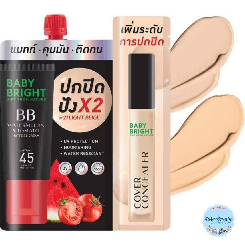 (1 ซอง) Baby Bright Watermelon & Tomato Matte BB Cream 7g + Concealer 2g #21 บีบีครีมแตงโมมะเขือเทศ แถมคอนซีลเลอร์