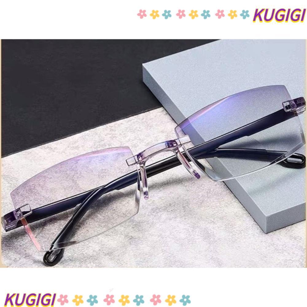 KUGIGI แว่นอ่านหนังสือ, PC สี่เหลี่ยมผืนผ้าแว่นตากันแสงสีฟ้า,แบบพกพาสีดํา + Blue Diamond-cut Bifocal Multifocal Rimless แว่นตาผู้ชายและผู้หญิง