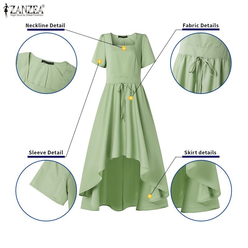 ZANZEA ผู้หญิง Vintage Elegant Square Collar Puff Sleeve ไม่สม่ําเสมอ Ruffles Hem Maxi A-Line เดรสสายเดี่ยว — صورة 7