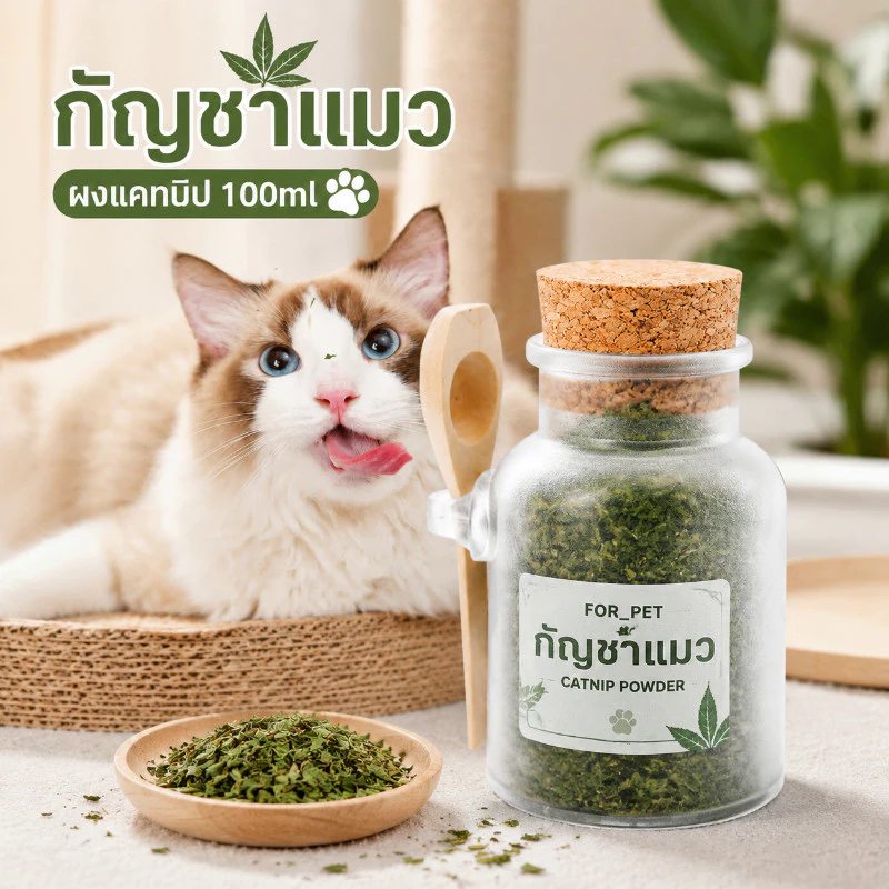 FOR_PET กัญชาแมว ผงแคทนิป 100ml แถมช้อนตัก หญ้าแมวกินได้ ช่วยขับก้อนขน ลดกลิ่นปาก ผ่อนคลาย สำหรับลูกแมว Catnip Powder