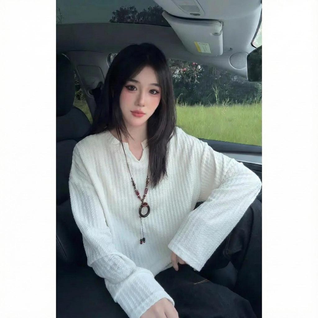 IEF เสื้อคู่รัก สีพื้น สไตล์มินิมอล แขนยาว ทรงหลวม(Unisex)