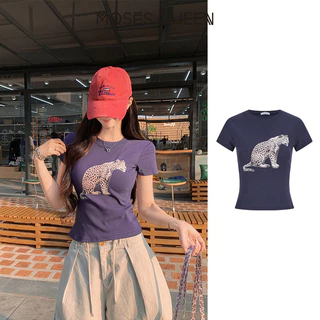 MOSESQUEEN มอสเซควีน เสื้อยืดแขนสั้นพิมพ์ลายเสือดาวอเมริกันเสื้อคอกลมแขนสั้นเข้ารูปผู้หญิงเข้ารูปและเข้ารูป #63695