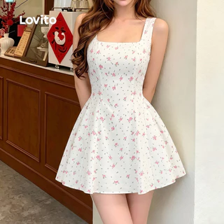 (New Arrival) Lovito ชุดเดรสผู้หญิงสไตล์ลําลองพิมพ์ลายโบว์ฤดูใบไม้ผลิ/ฤดูร้อน เกาหลี อินเทรนด์ LK7AD013