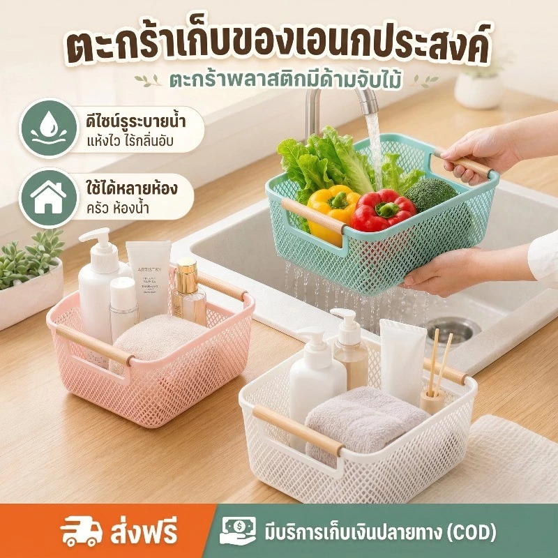 COD ตะกร้าเก็บของ ตะกร้าพลาสติก พกพาสะดวก แข็งแรงทนทาน ประหยัดพื้นที่ ใส่ของอเนกประสงค์ ตะกร้าเก็บของ