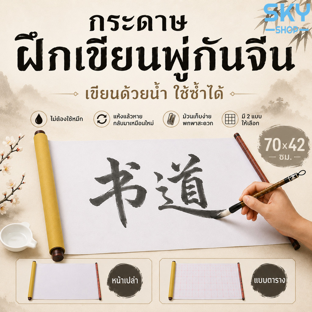 SKY กระดาษฝึกเขียนพู่กันจีน 70x42 ซม. เขียนด้วยน้ำ ไม่ต้องใช้หมึก ม้วนเก็บได้  Chinese Calligraphy Paper