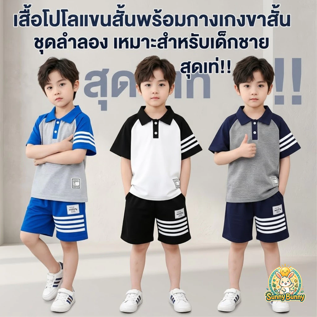 สำหรับเด็ก ชุดแฟชั่น ชุดเสื้อผ้าเด็ก เสื้อโปโลแขนสั้นพร้อมกางเกงขาสั้น ชุดลำลอง เหมาะสำหรับเด็กชาย ผ้าระบายอากาศได้