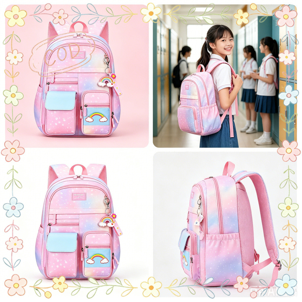 กระเป๋านักเรียนเด็กสีรุ้งไล่โทนสีสีชมพูเหมาะสําหรับการทํางานกันน้ําเหมาะสําหรับนักเรียนชั้นประถมศึกษา